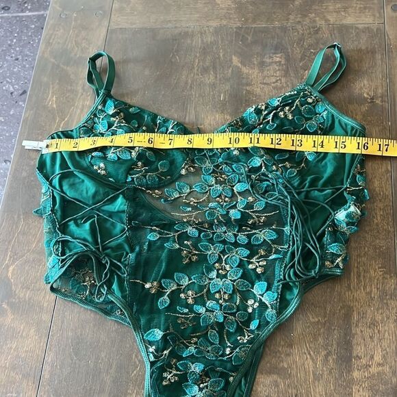 Mesh Sheer Lace-Up Embroidered Teddy Lingerie Snap Crotch Bodysuit - Picture 7 of 14